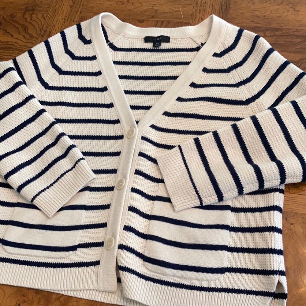 J. Crew White and Navy Striped Cardigan
